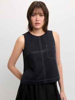 Pomelo - Contrast Stitch Top - Black