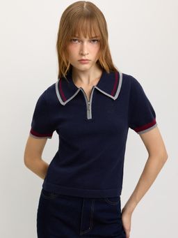 Pomelo - Contrast Trim Zip Knit Polo - Navy