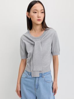 Pomelo - Faux-Layered Tie-Neck Top - Light Grey