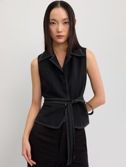 Pomelo - Collared Tie-Waist Vest Top - Black