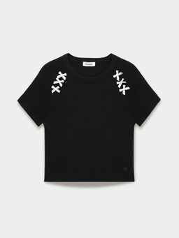 Pomelo - Bow Motif Ribbed T-shirt - Black