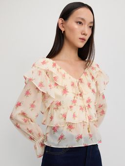 Pomelo - Ruffled Floral Top - Cream