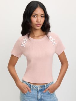 Pomelo - Bow Motif Ribbed T-shirt - Pink