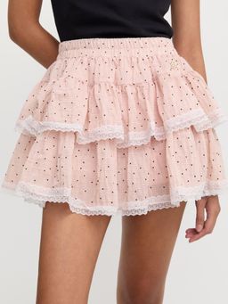 Pomelo - Lace Trim Tiered Layered Ruffle Mini Skirt - Pink