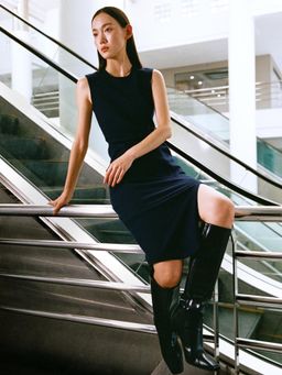 Pomelo - Belted Midi Dress - Navy