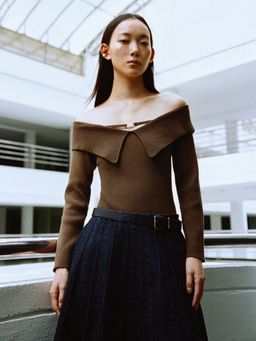 Pomelo - Flap-Collar Off-Shoulder Knit Top - Brown