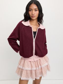 Pomelo - Zip-Up Collar Cardigan - Burgundy