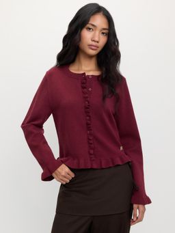 Pomelo - Frill Trim Cardigan - Maroon