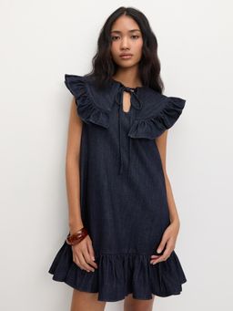 Pomelo - Denim Peter Pan Collar Ruffle Trim Dress - Navy