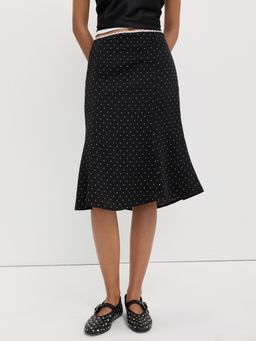 Pomelo - Polka Dot Lace Trim Knee Skirt - Black