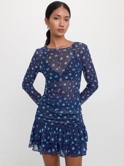 Pomelo - Floral Sheer Mesh Top - Navy Blue