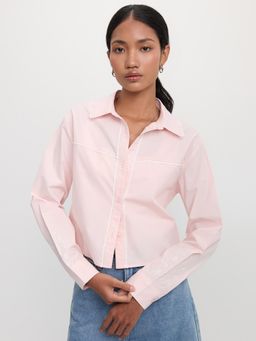 Pomelo - Cropped Embroidered Sleeves Shirt - Pink