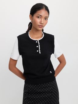 Pomelo - Lace-Trim Knit Top - Black/White