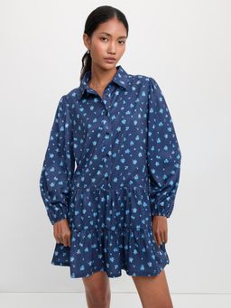 Pomelo - Floral Ruffle Dress - Navy