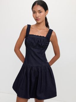 Pomelo - Ruched Denim Ruffle Dress - Navy