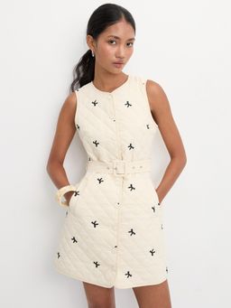 Pomelo - Sleeveless Quilted Belted Dress - Ivory
