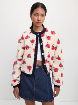 Pomelo - Floral Fleece Cardigan - Ivory
