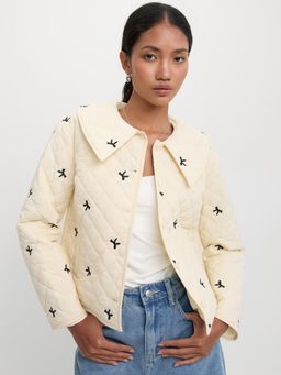 Pomelo - Embroided Quilted Crop Jacket - Ivory