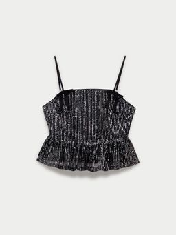 Pomelo - Bow Sequin Peplum Crop sole Top - Black
