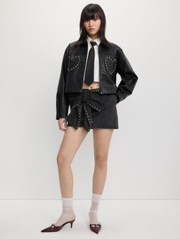 Pomelo - Studded Faux Leather Crop Jacket - Black