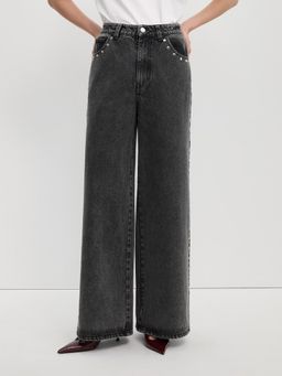 Pomelo - Studded Side Trim Wide Leg Jeans - Grey