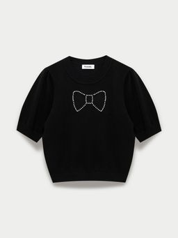 Pomelo - Puff Sleeve Bow Embellished Crop Top - Black