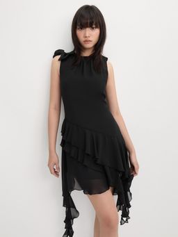 Pomelo - Asymmetrical Hem Bow Ruffle Dress - Black