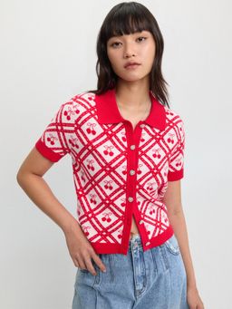 Pomelo - Lace Trim Buttoned Knit Cardigan - Red