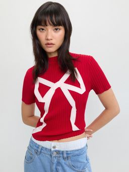 Pomelo - Bow Knotted Ribbed T-shirt - Red