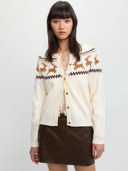 Pomelo - Graphic Print Button Cardigan - Ivory