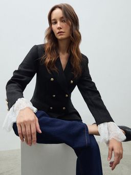 Pomelo - Lace Sleeve Blazer - Black