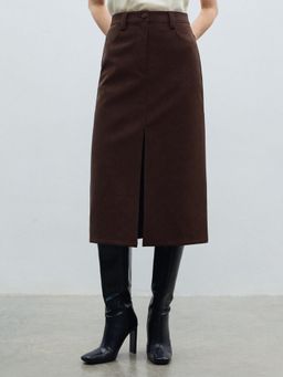 Pomelo - Front Slit Midi Skirt - Brown