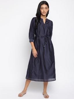 Fabindia - Navy Blue Cotton Silk Pintucks Midi Dress With Belt (Set of 2)