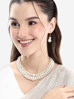 Carlton London - Gold Plated Triple Strand Graduation Pearl Necklace with Earrings
