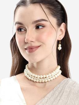 Carlton London - Gold-Plated Elegant Triple Layer Pearl Necklace with Earrings