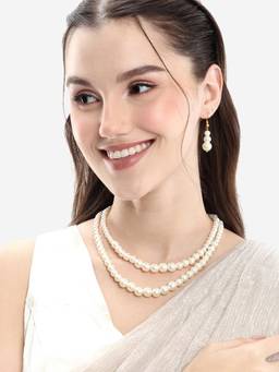 Carlton London - Gold Plated Double Strand Graduating Pearl Necklace with Earrings