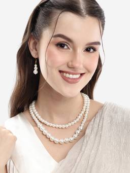 Carlton London - Gold Plated Double Strand Graduating Pearl Long Necklace with Earrings