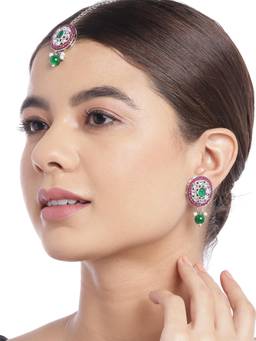 Carlton London - Silver Plated Emerald Green and Ruby Pink Stone Maang Tikaa and Earring