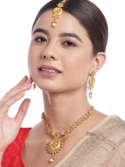 Carlton London - Gold Plated Ruby Red Floral Necklace & Earring With Maang Tika