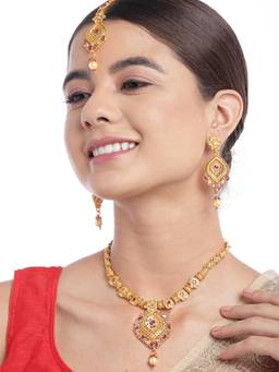 Carlton London - Gold Plated Festive Cz Filigree Necklace with Earrings & Maangtika