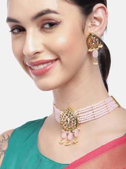 Carlton London - Gold-Plated Royal Pink Bead Kundan Necklace with Earrings