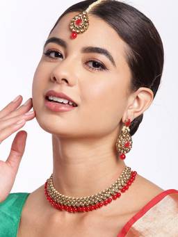Carlton London - Gold Plated Cz, Pearl And Red Beaded Necklace with Earrings & Maangtika