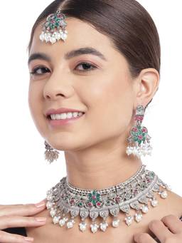 Carlton London - Silver Plated Oxidised Pearl And Red Green Stone Studded Necklace With Earrings