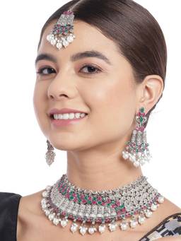 Carlton London - Silver Plated Oxidised Red Green Stone Necklace With Earrings & Maang Tika