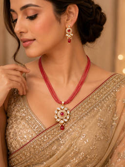 Opal Touch - Floral Enchanted Beaded Gold Plated Necklace with Earrings