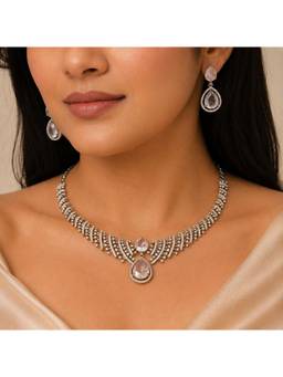 Opal Touch - Leaf Lattice Rhodium Plated Necklace with Earrings