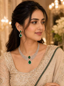 Opal Touch - Leaf Lattice Rhodium Plated Necklace with Earrings