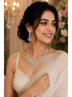 Opal Touch - Halo Designed Rhodium Plated Necklace with Earrings