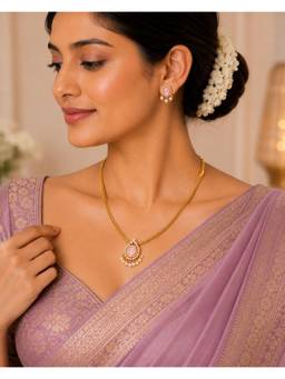 Opal Touch - Mehendi Plated Oval Stone Attigai Necklace with Earrings