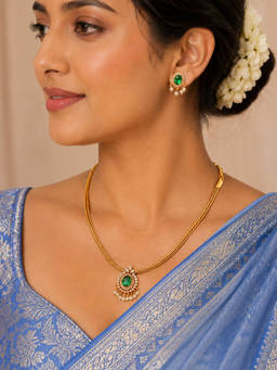 Opal Touch - Mehendi Plated Oval Stone Attigai Necklace with Earrings